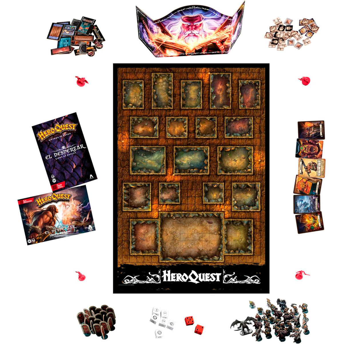 Juego de mesa HeroQuest con tablero, cartas, dados, figuras y libros de reglas, que representa un entorno de mazmorras con varios elementos del juego.
