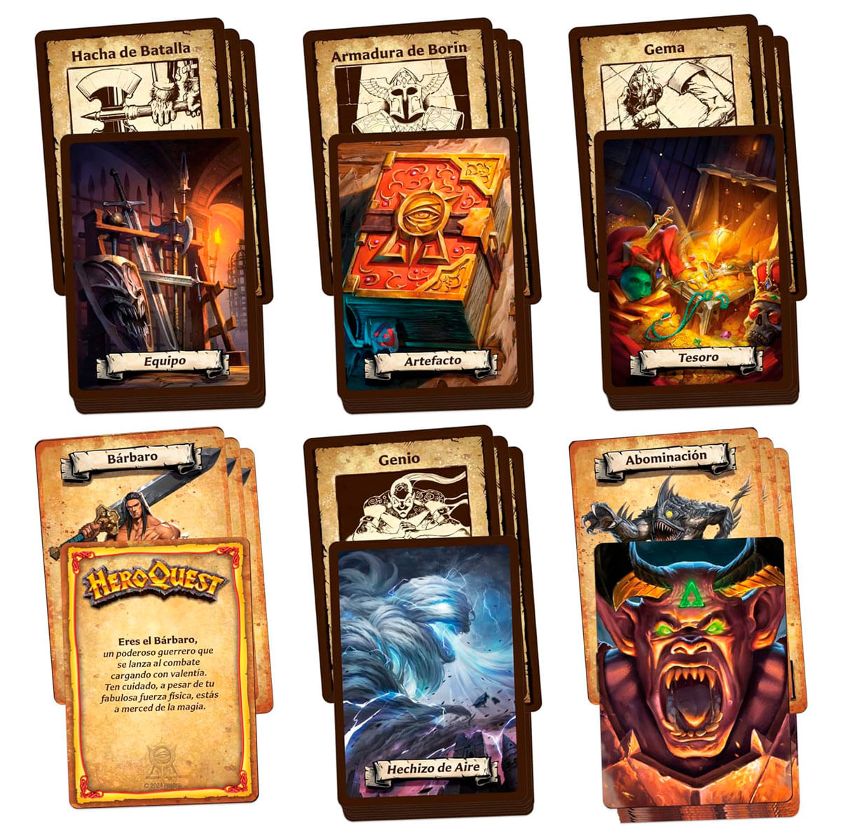 Las cartas de un juego de mesa están apiladas. Muestran imágenes de armas, armaduras, tesoros y personajes como un bárbaro y un genio.
