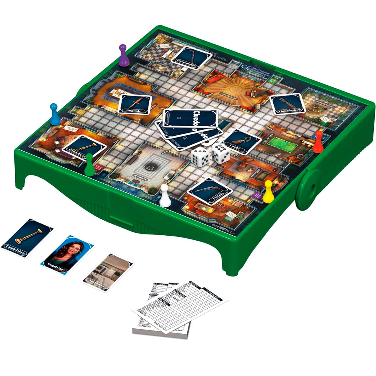 Juego de mesa Cluedo con fichas, cartas, dados y una hoja de puntuación. El tablero presenta habitaciones y pasillos.