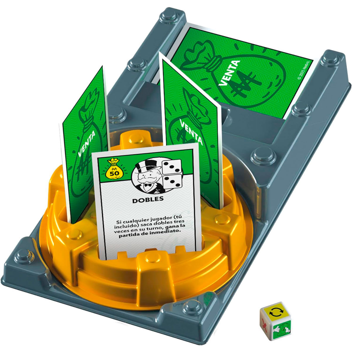 Configuración del juego Monopoly: tarjetas verdes, dados y un soporte para tarjetas. Las tarjetas dicen 'VENTA' y los dados tienen flechas.