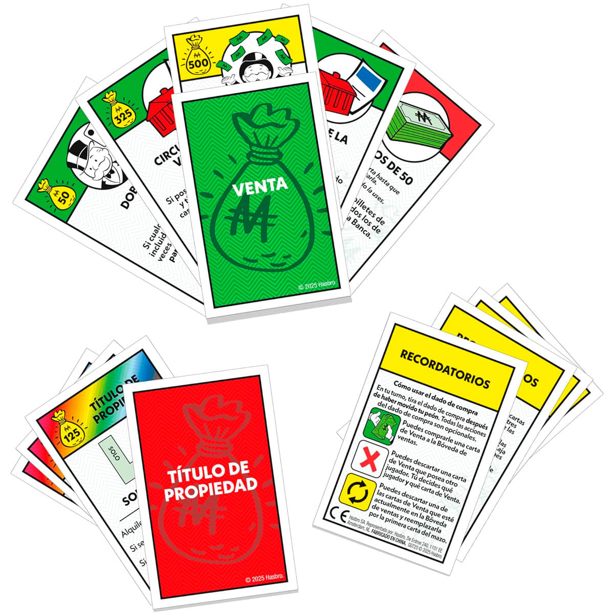 Tarjetas del juego Monopoly. Se ven cartas verdes, rojas y amarillas. Algunas cartas muestran detalles de dinero o propiedades.