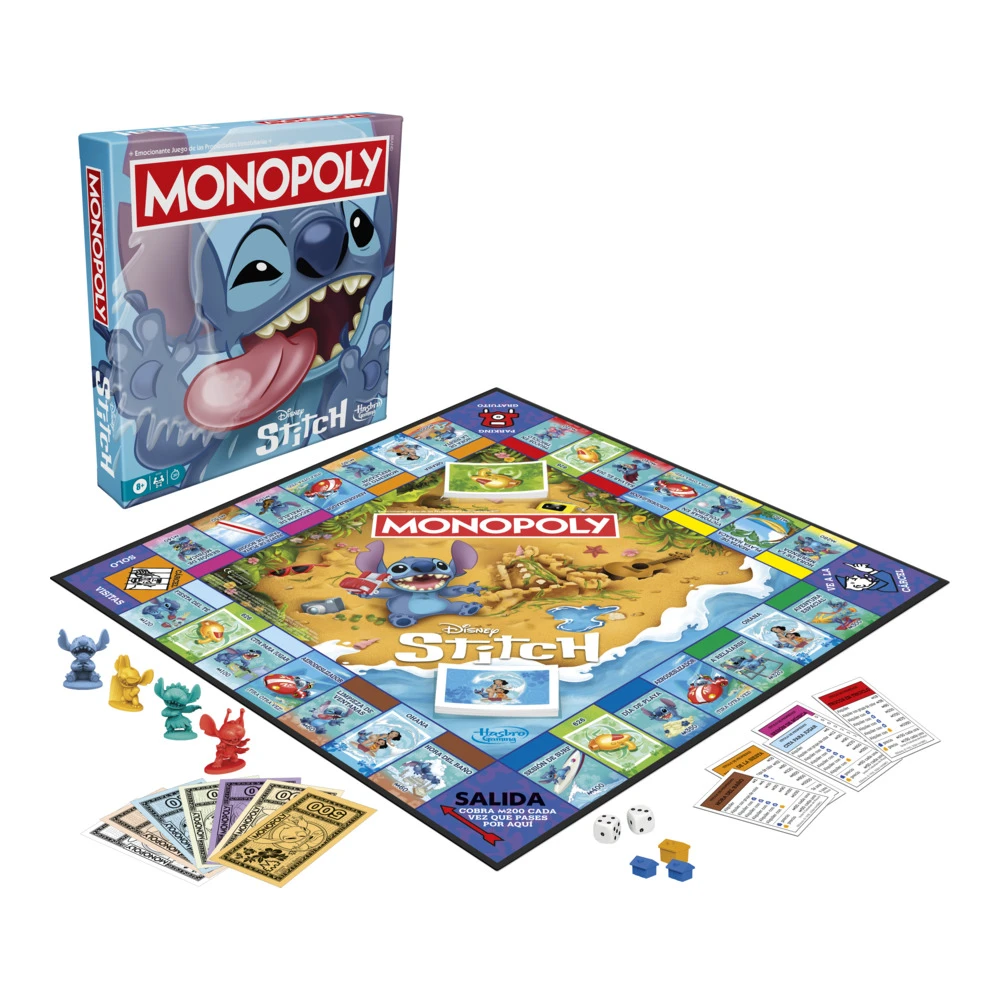 Juego de mesa Monopoly Stitch. Se ve la caja con la imagen de Stitch, el tablero, las piezas, dados y dinero.