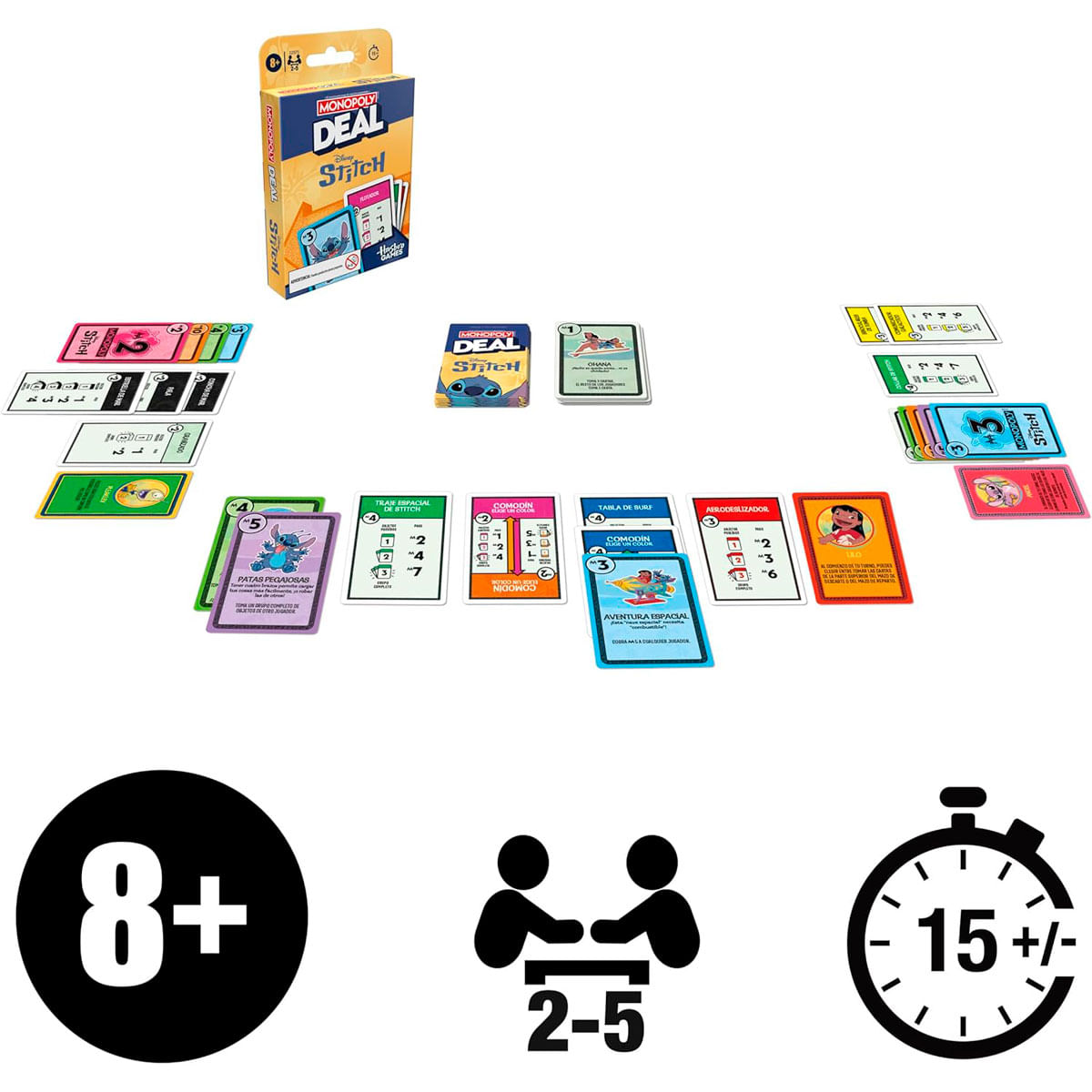 Juego de cartas Monopoly Deal Stitch con cartas, caja e iconos para mayores de 8 años, 2-5 jugadores y 15 minutos de juego.
