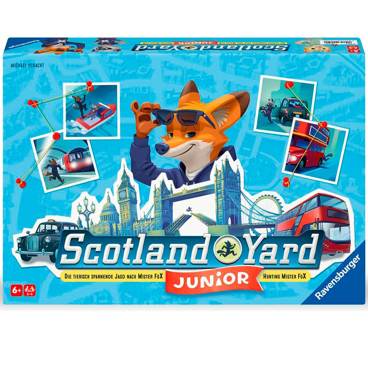 Pudełko gry planszowej Scotland Yard Junior. Zawiera lisa w okularach przeciwsłonecznych, zabytki Londynu i ilustracje gry.