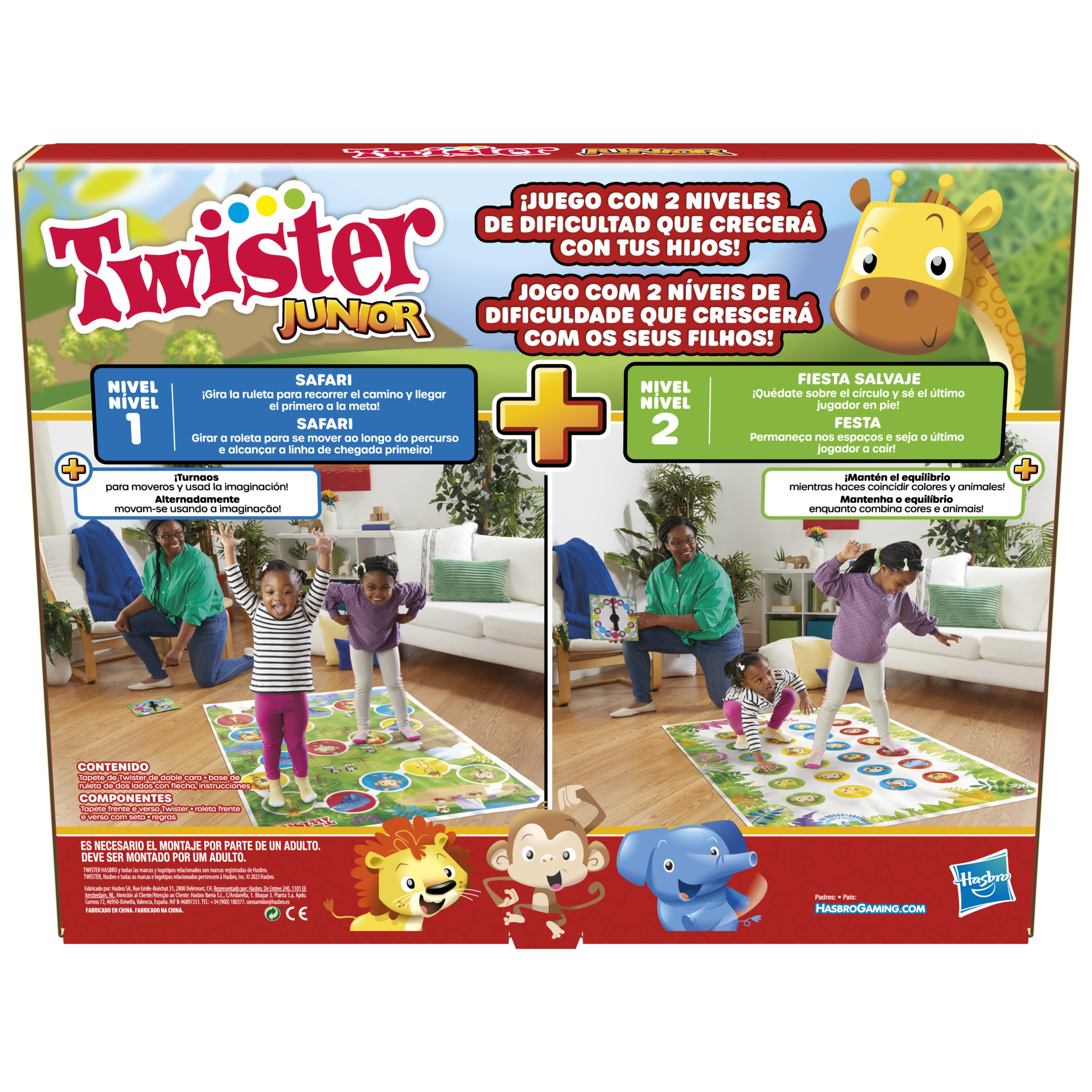 Caja del juego Twister Junior. Niños jugando en esteras con círculos coloridos. Gráfico de jirafa e instrucciones del juego.