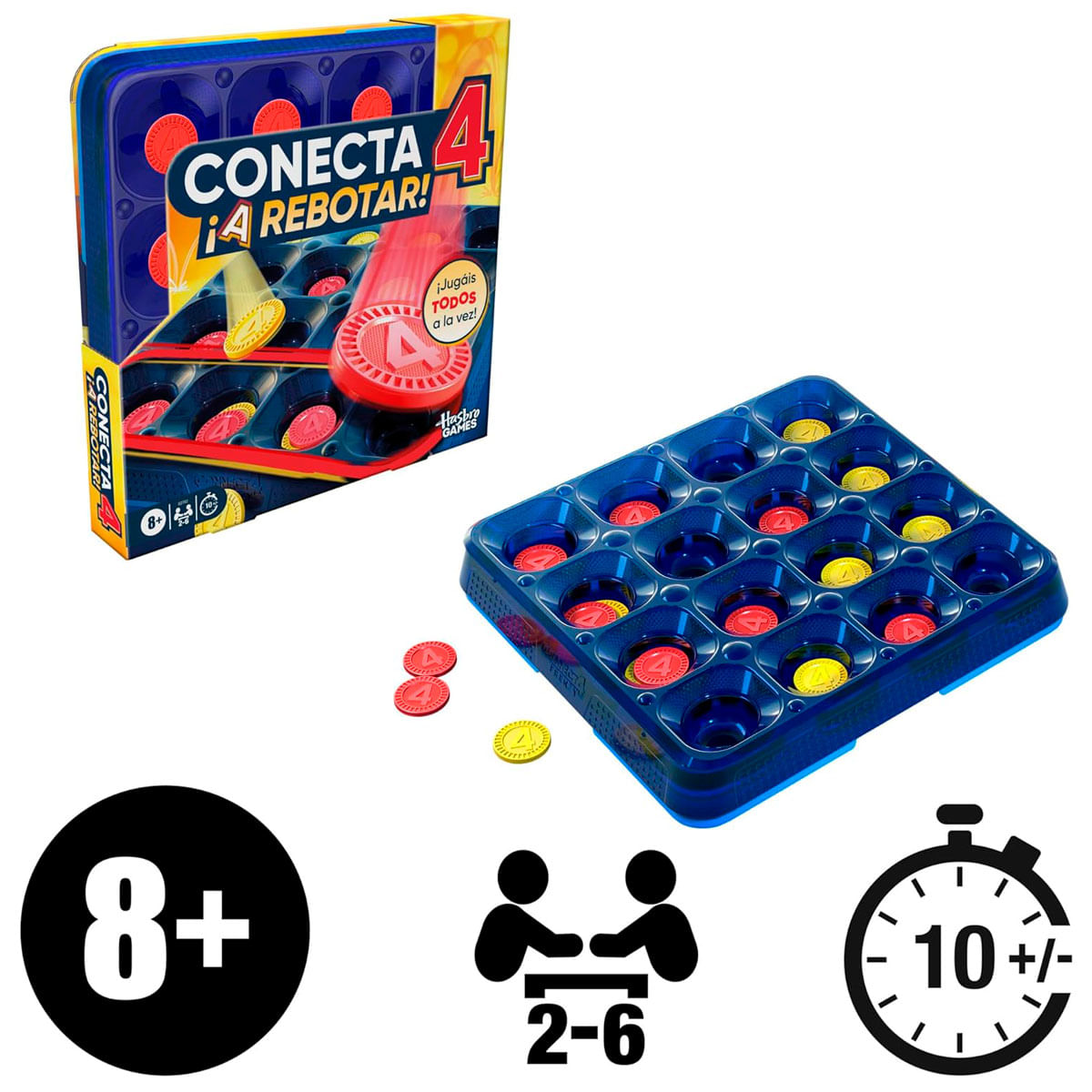 Se muestra una caja y un tablero del juego Conecta 4. Hay fichas rojas y amarillas. Los iconos muestran edad 8+, 2-6 jugadores y más de 10 minutos.