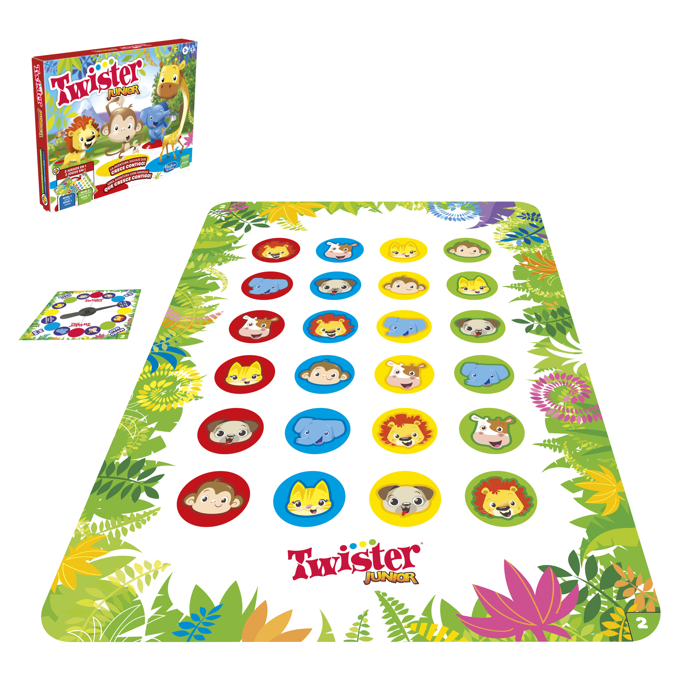 Juego Twister Junior con caras de animales en círculos, fondo de selva y una caja con personajes de animales.