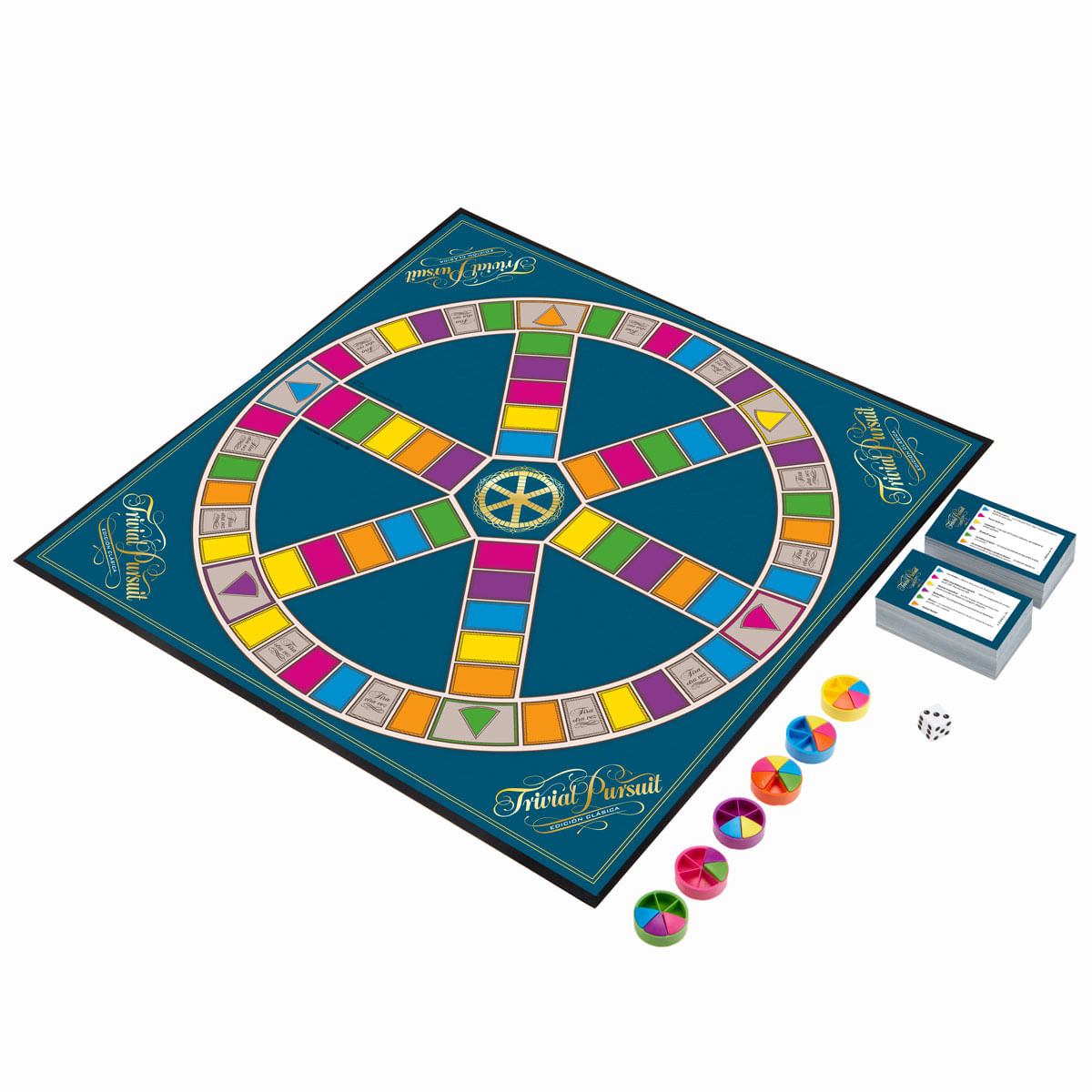Juego de mesa Trivial Pursuit. Incluye tablero, cartas, dados y piezas de pastel de colores. El tablero tiene fondo azul y secciones coloridas.