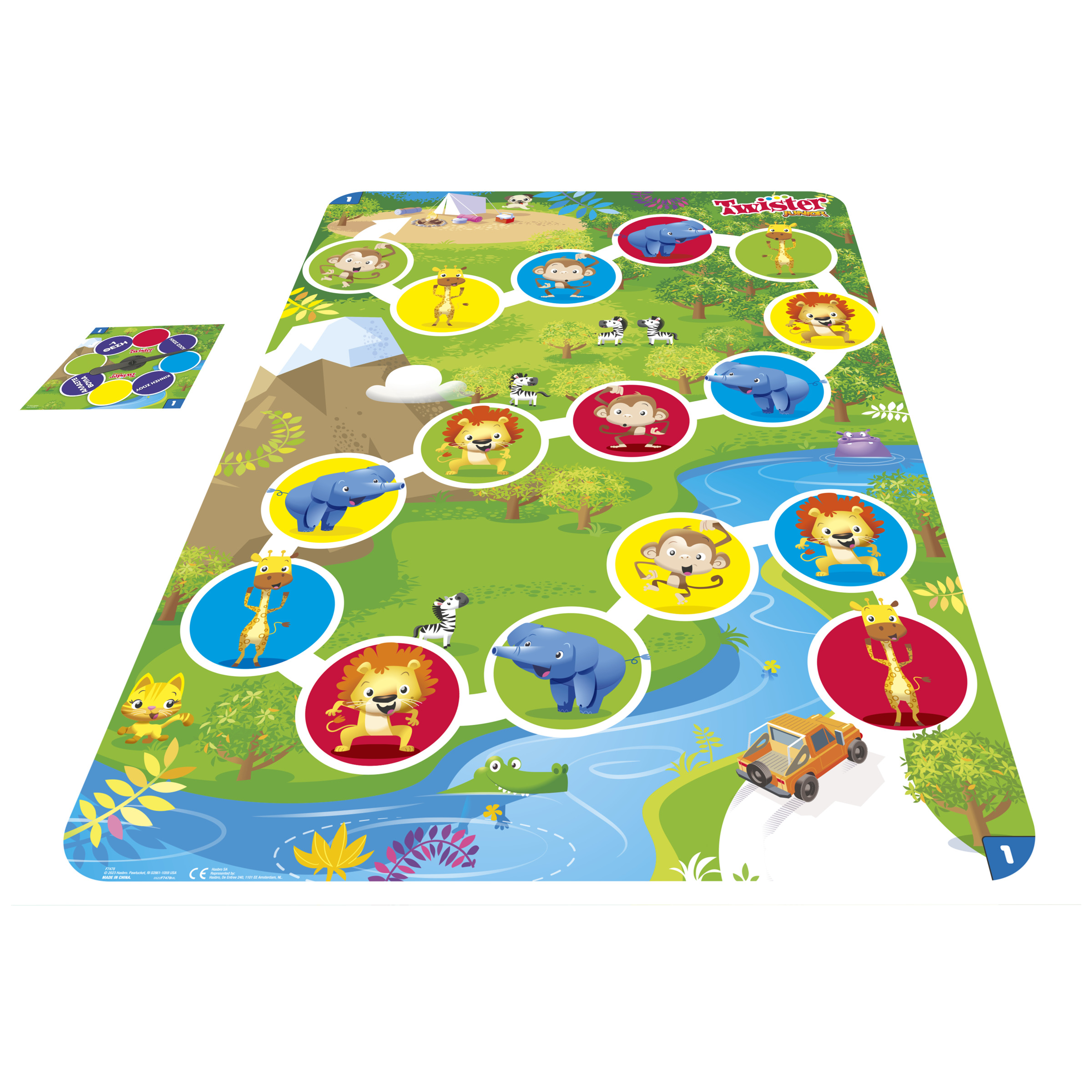 Un colorido tablero de juego Twister con personajes de animales, un coche y una escena de río.