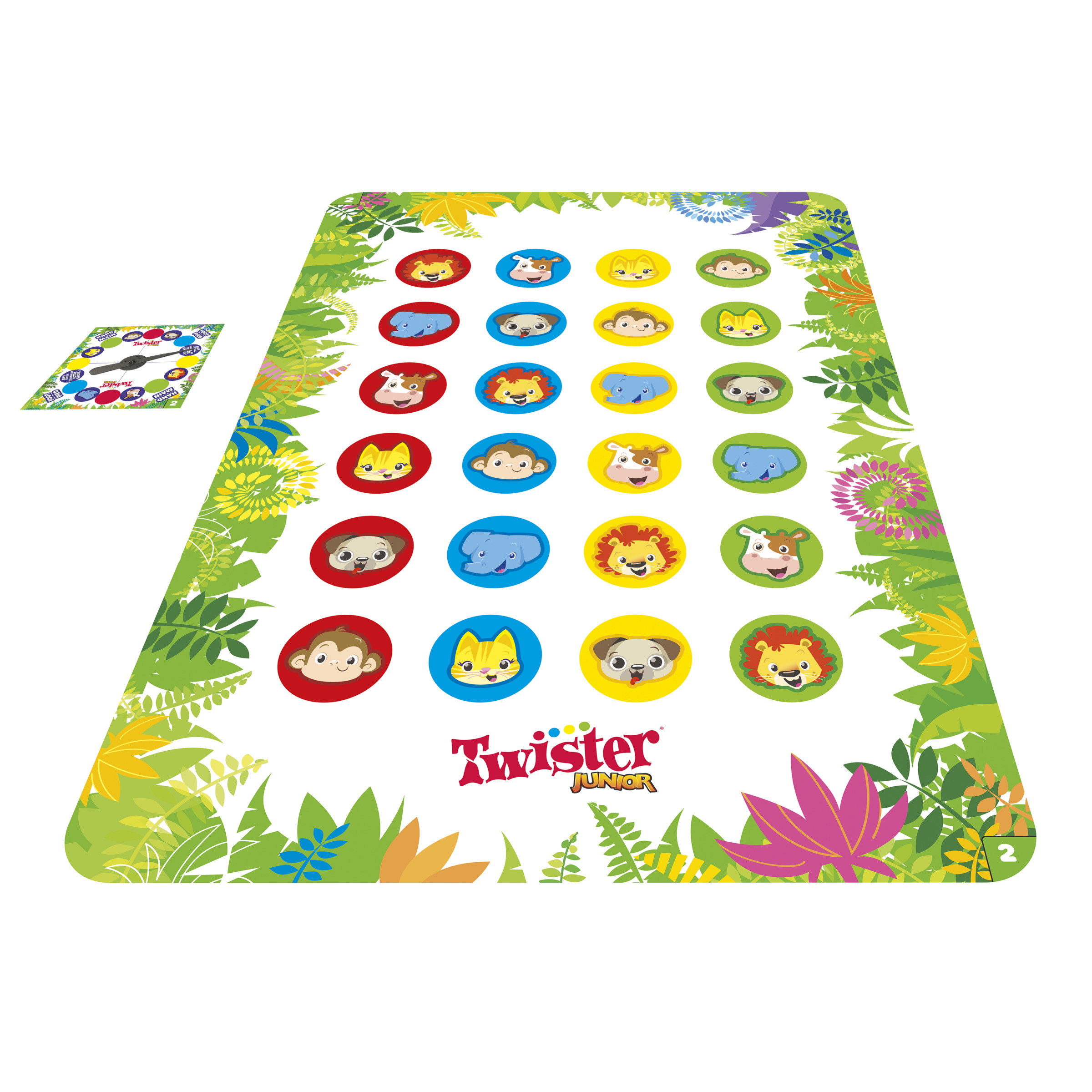 Juego Twister Junior con caras de animales en círculos. El tablero está rodeado de hojas verdes y elementos de la jungla.