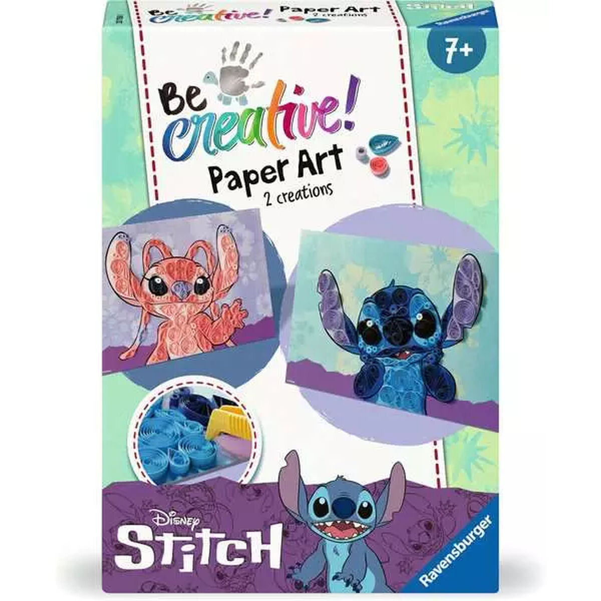 Eine Schachtel mit Stitch-Bastelset. Es zeigt zwei Stitch-Papierkunst-Kreationen, eine rote und eine blaue, und das Disney Stitch-Logo.