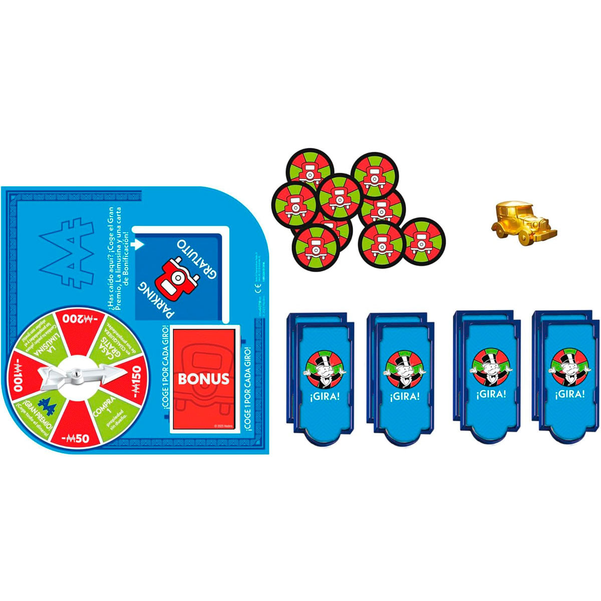 Piezas del juego Monopoly: tablero, fichas, coche, cartas y una figura de coche dorado.