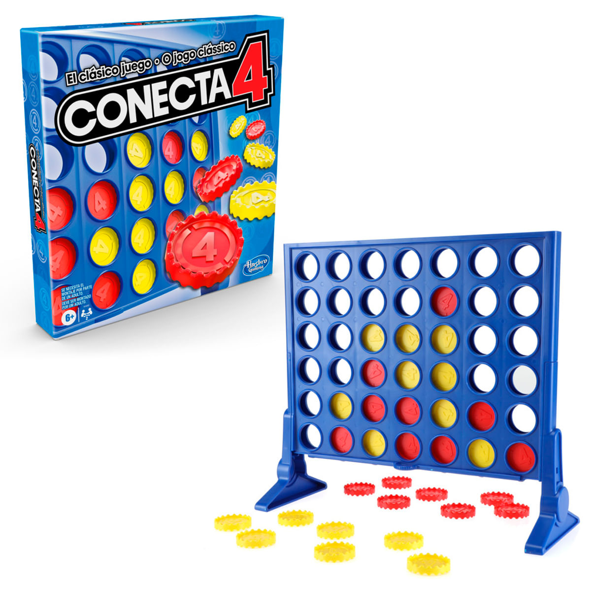 Caja y tablero del juego Conecta 4. El tablero es azul con fichas rojas y amarillas. La caja es azul con el título y el logotipo del juego.