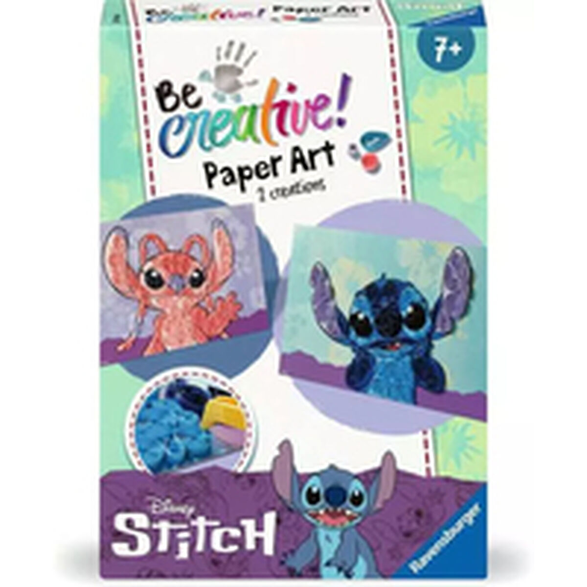 Eine Schachtel mit Stitch-Kunst. Es gibt Zeichnungen von Stitch, der Disney-Figur. Die Schachtel ist für Papierkunst und für Kinder ab 7 Jahren.