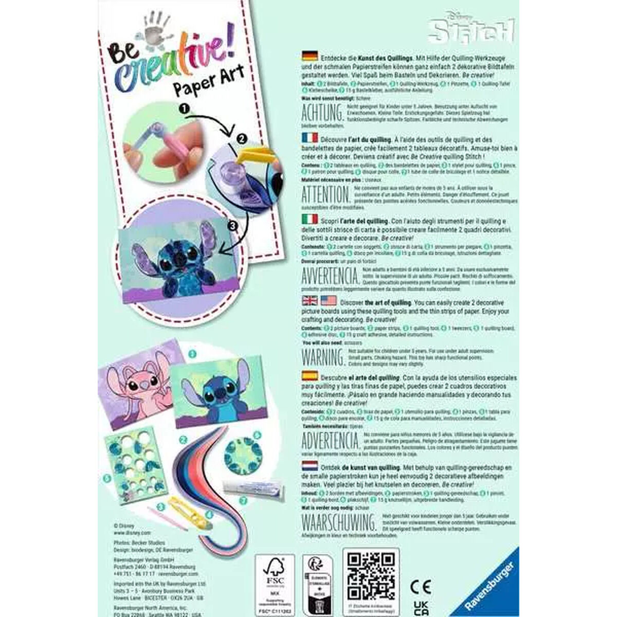 Bastelset mit Stitch-Illustrationen, Werkzeugen und Text über Quilling-Papierkunst.