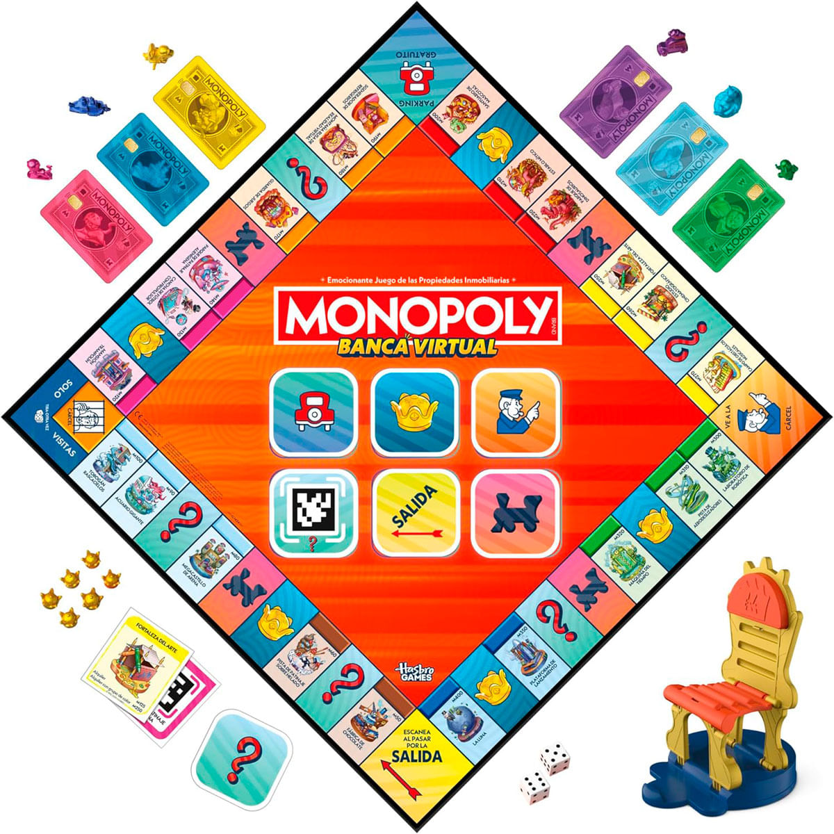 Configuración del juego de mesa Monopoly, con cartas, dados y una silla. El tablero tiene espacios coloridos.