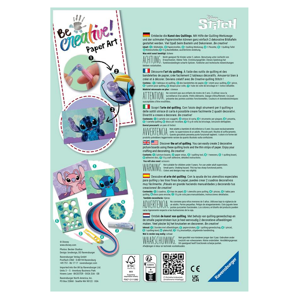 Bastelpackung mit Stitch-Motiv, Quilling-Werkzeugen und Papierstreifen, mit Text in mehreren Sprachen.