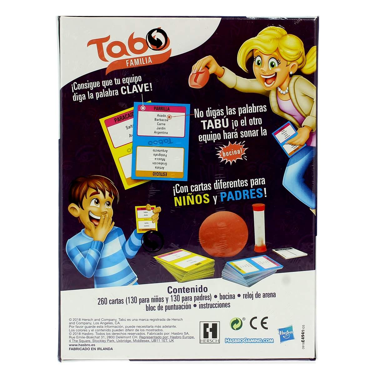 Caja del juego familiar Taboo. Tiene un chico sonriente y una mujer. Se ven cartas y un temporizador.