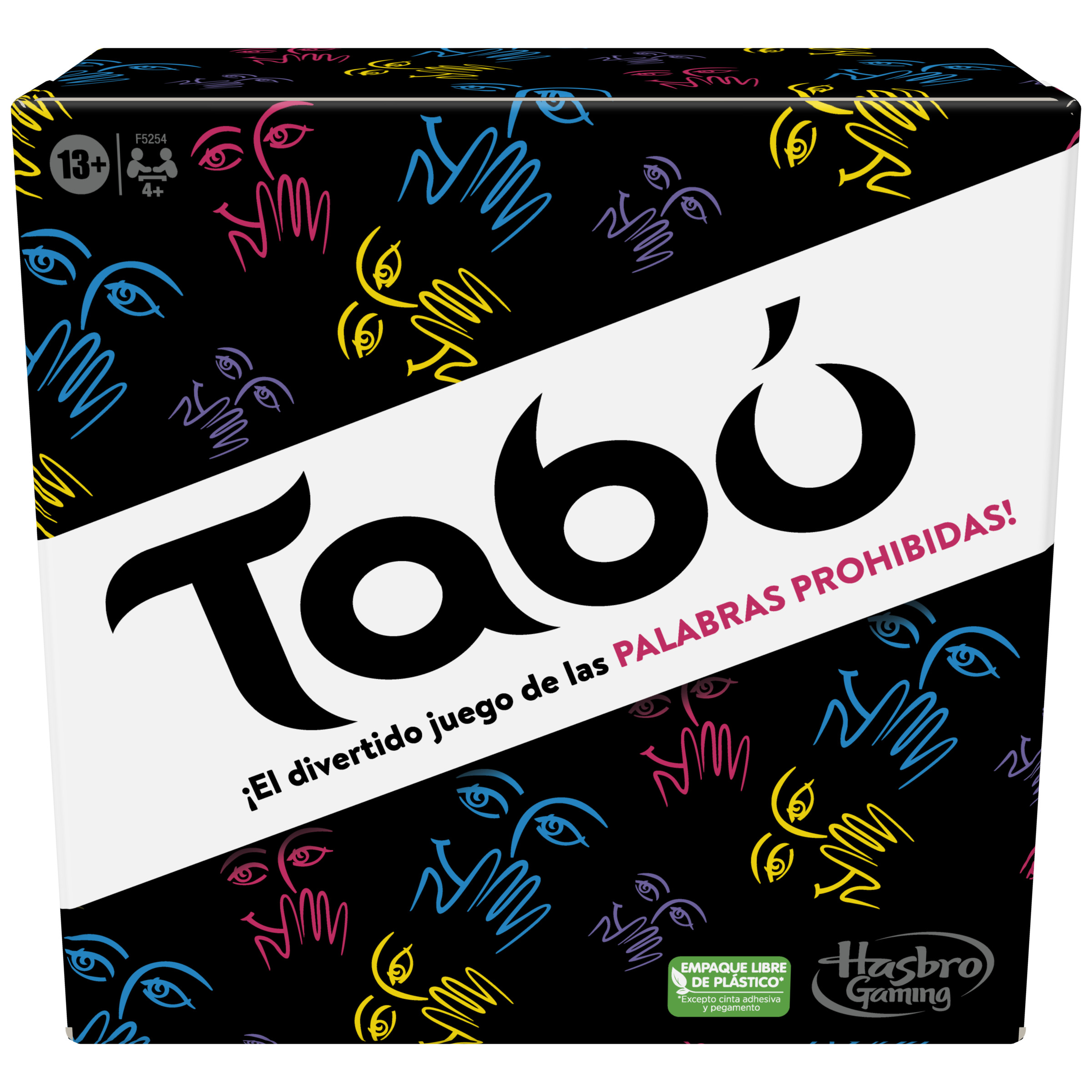 Caja del juego Taboo. Fondo negro con caras y manos coloridas. Sección blanca con el título del juego.