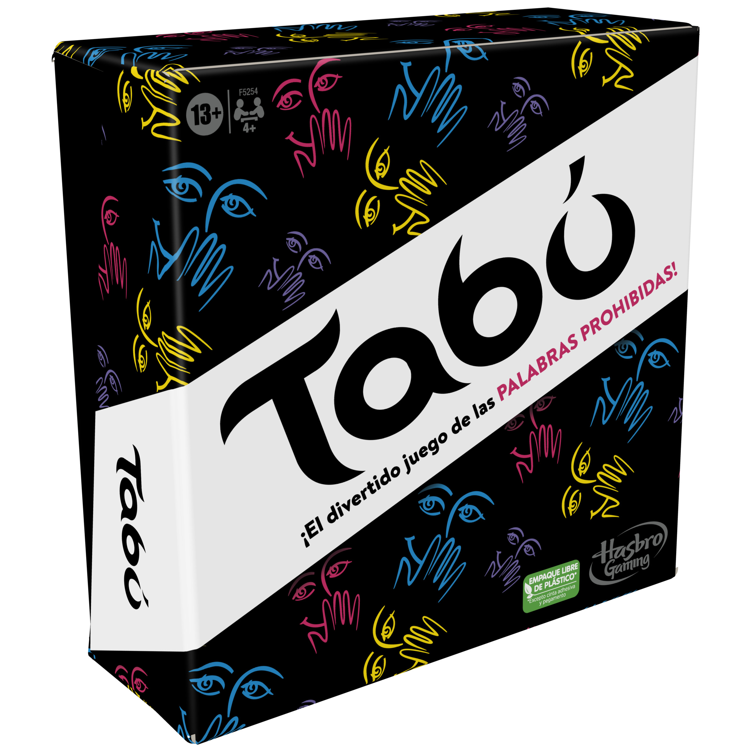 Caja del juego Taboo. Negro con dibujos coloridos de caras y manos. El logo Taboo es grande y blanco.