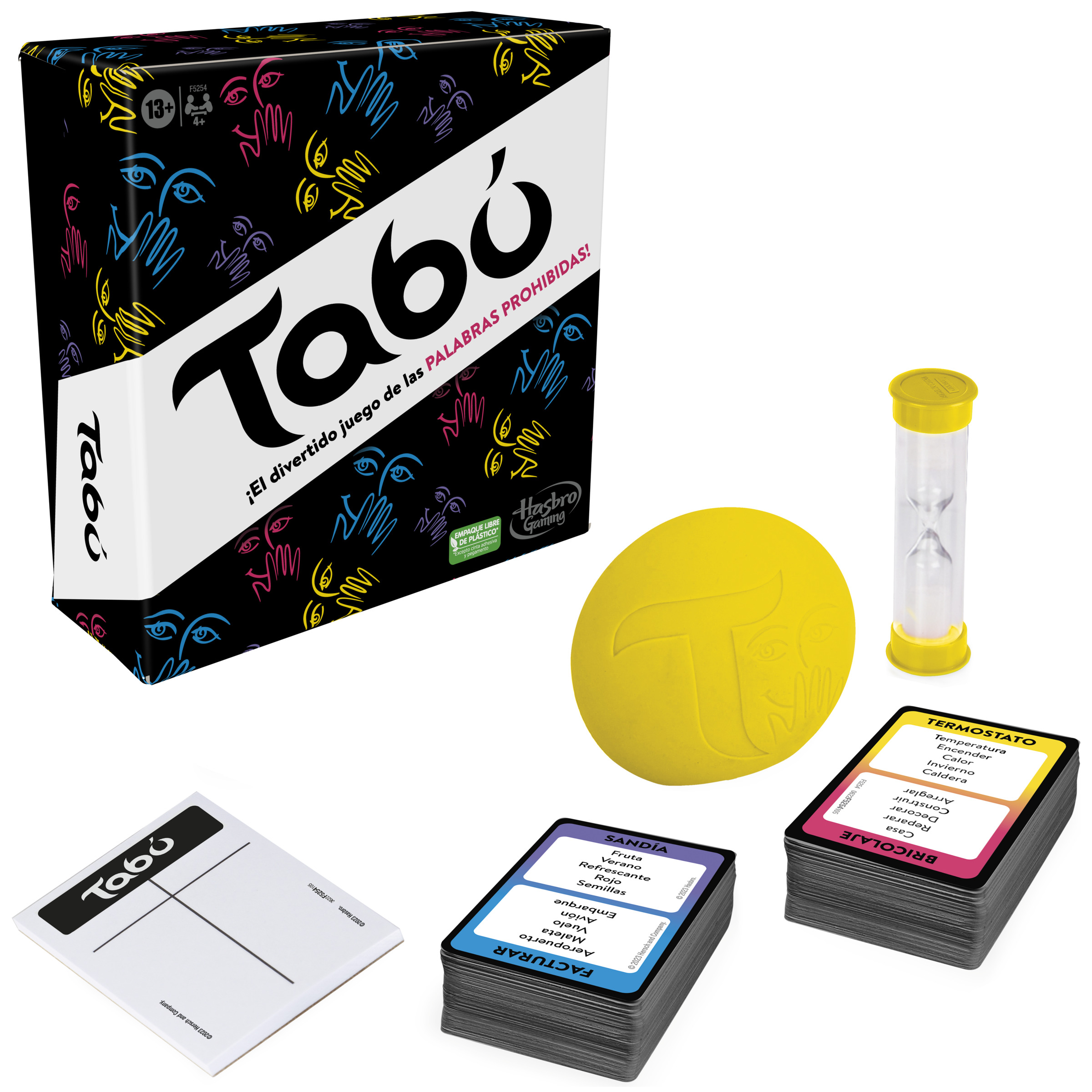 Juego de mesa Taboo, cartas, temporizador y bola amarilla. La caja tiene ojos y manos sobre fondo negro.