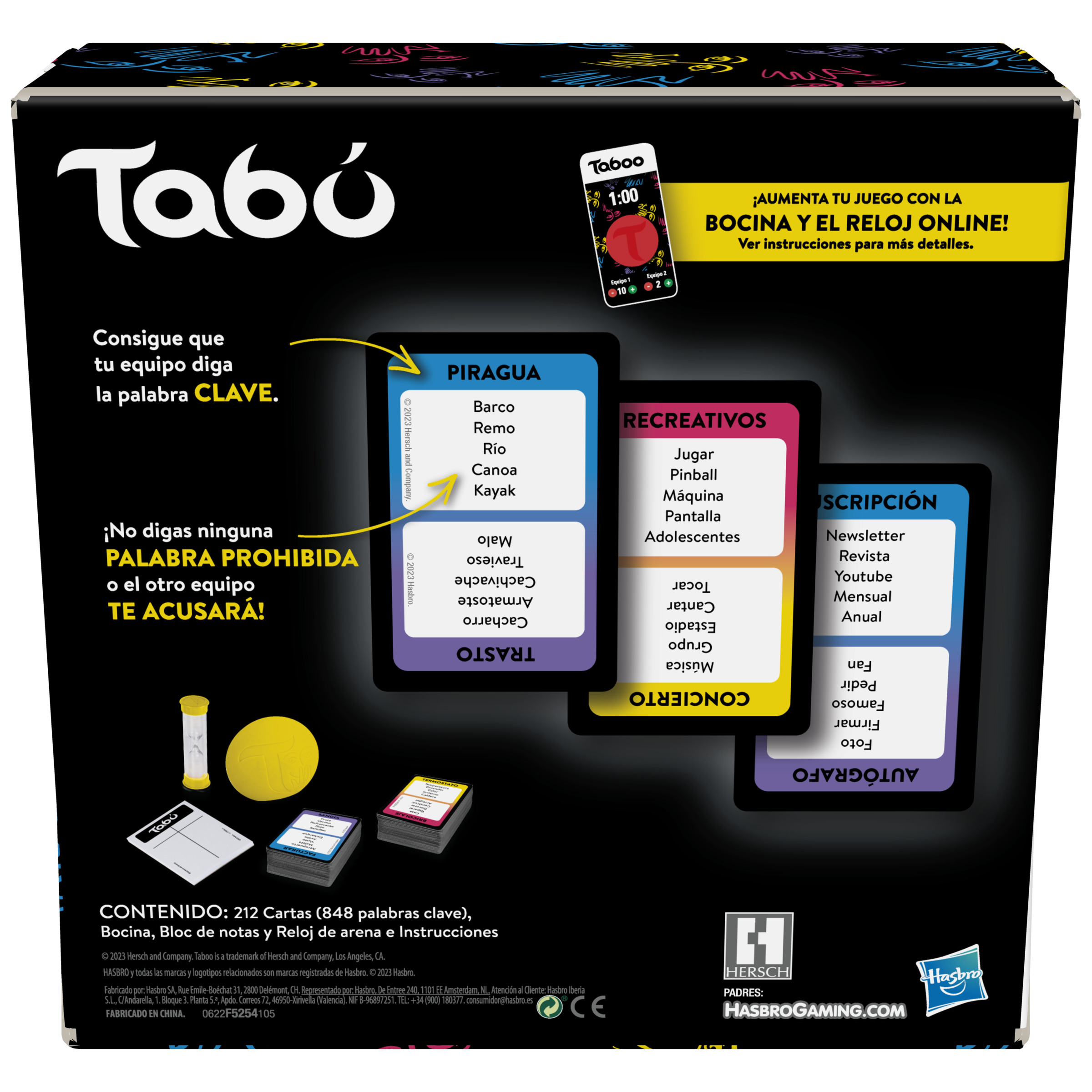 Caja del juego Taboo. Incluye cartas, un temporizador e instrucciones. Texto: 'Consigue que tu equipo diga la palabra CLAVE.'