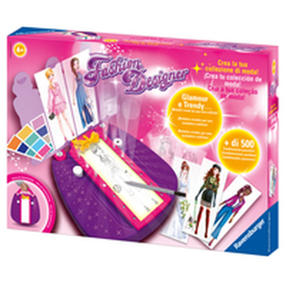 Una caja de kit de diseñador de moda. Presenta ilustraciones de diseños de moda, una mesa de dibujo y las palabras 'Fashion Designer'.