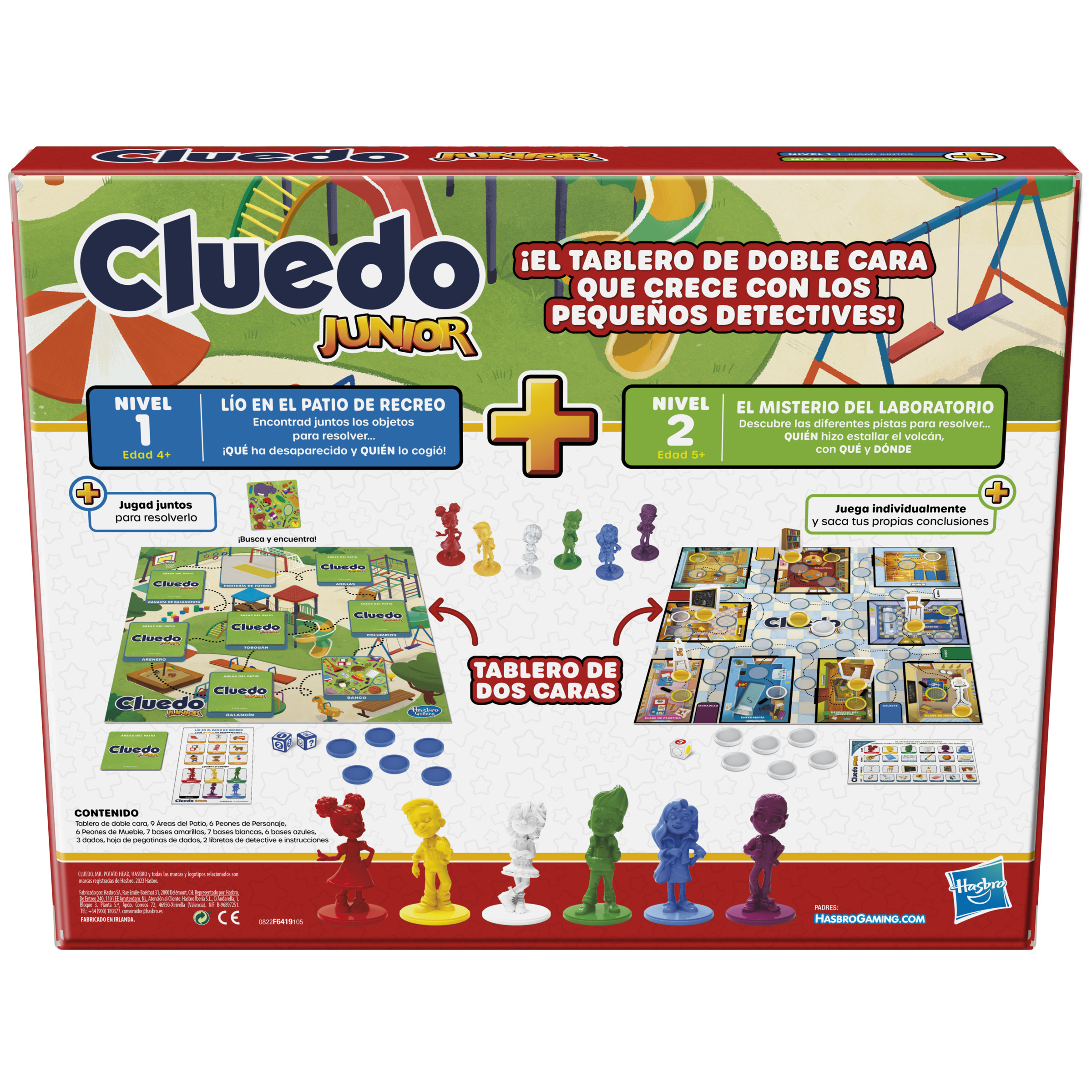 Caja de Cluedo Junior. Tablero de juego con escenas de parque infantil y laboratorio. Incluye piezas e instrucciones.