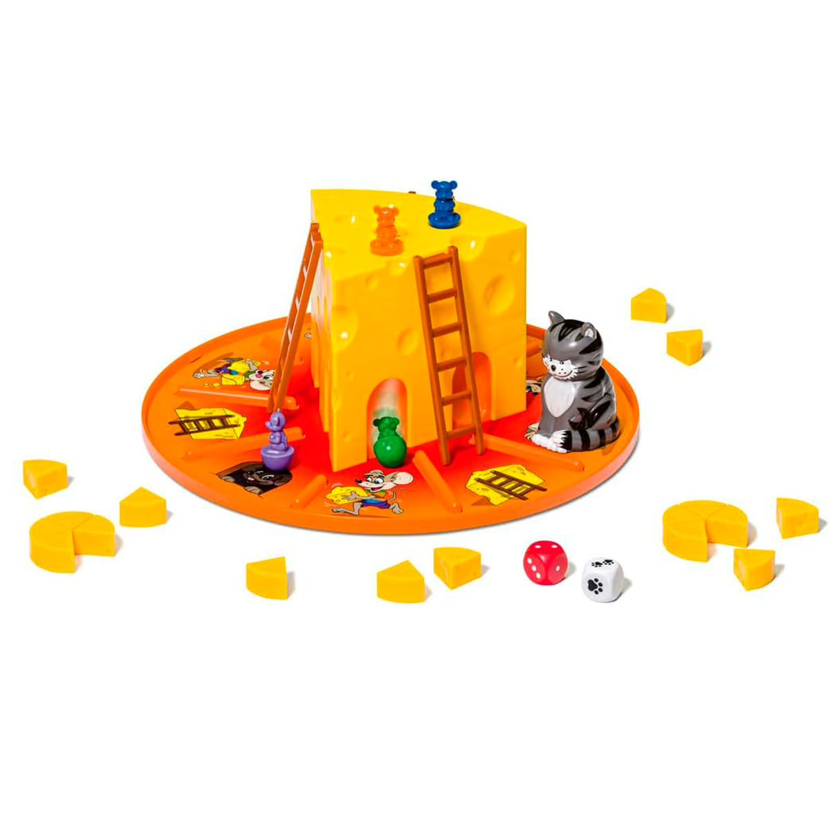 Un juego de mesa con un bloque de queso amarillo, un gato, dados y cuñas de queso en un tablero circular naranja. Hay escaleras y figuras de ratón.