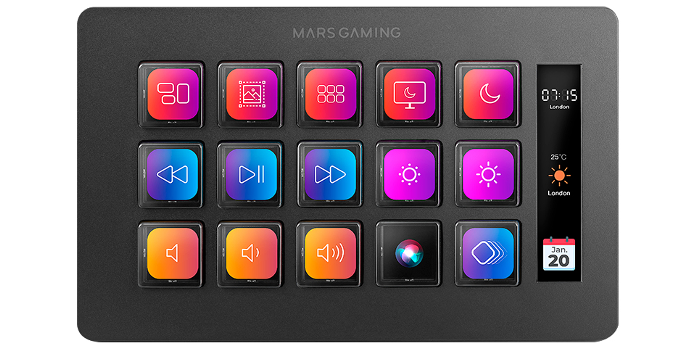 Un dispositivo negro Mars Gaming con 15 botones coloridos, una pantalla que muestra la hora, el clima y un calendario.