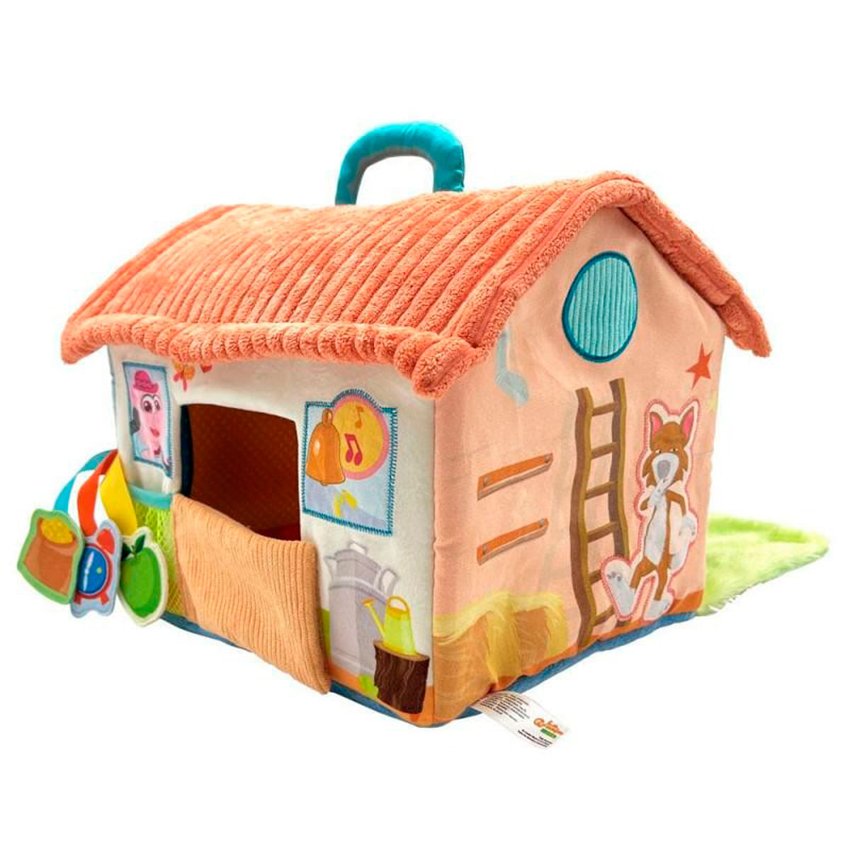 Una casa de juguete colorida con asa, techo naranja y varios detalles ilustrados como una campana, un perro y una escalera.