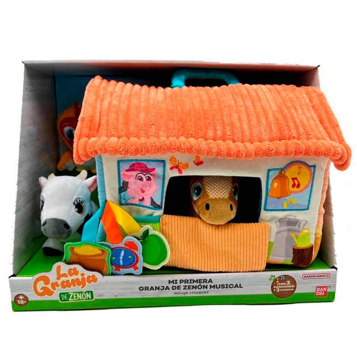 Un juego de granja de juguete con animales de peluche. Incluye una casa con un caballo, un cerdo, una vaca y otros accesorios.