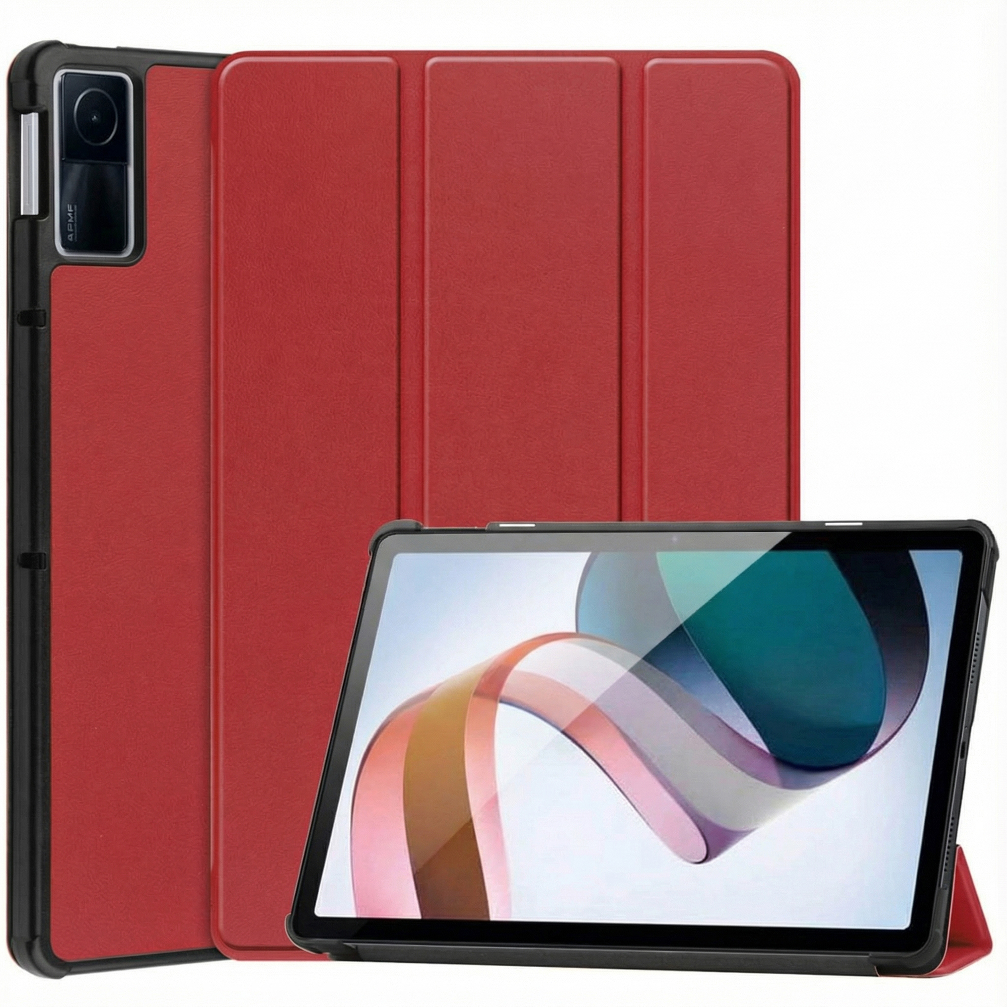 A tablet in a red case is displayed. The screen shows a colorful abstract image. The case is open.