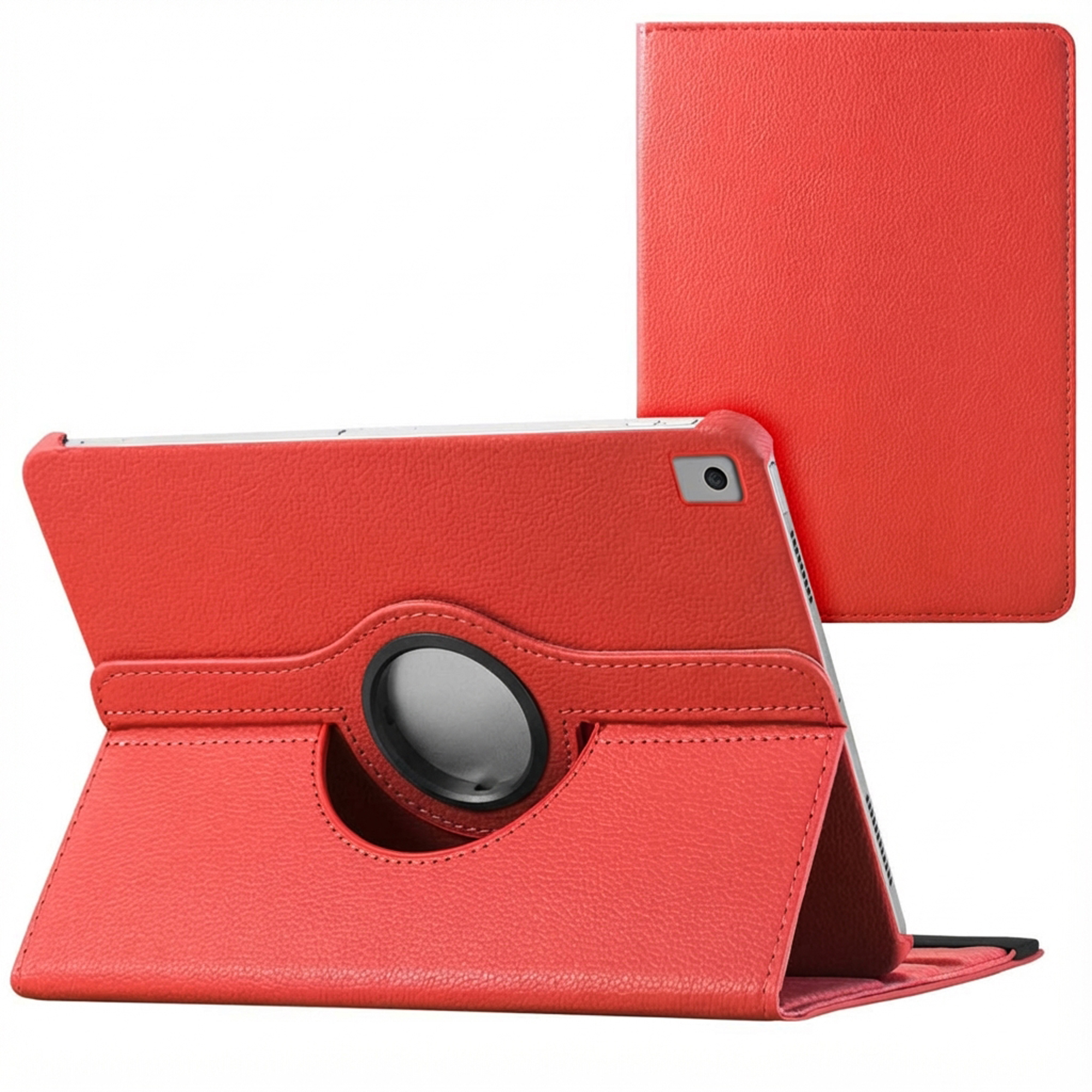 A red tablet case, open and folded. Another closed case is visible. Both are on a white background.