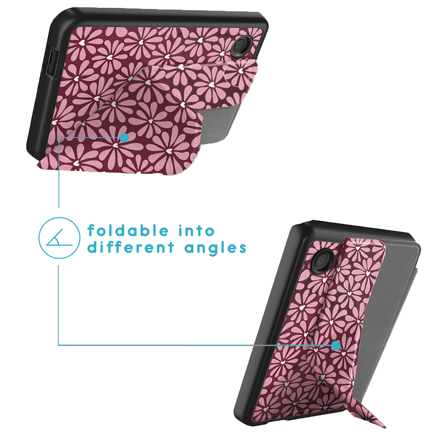 Twee telefoonhoesjes met bloemenontwerp worden in verschillende hoeken getoond, die hun opvouwbare standfunctie demonstreren.