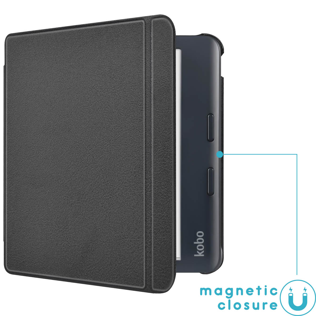 Een donkergrijze Kobo e-reader in een hoes. De hoes heeft een magnetische sluiting. De Kobo is gedeeltelijk zichtbaar.