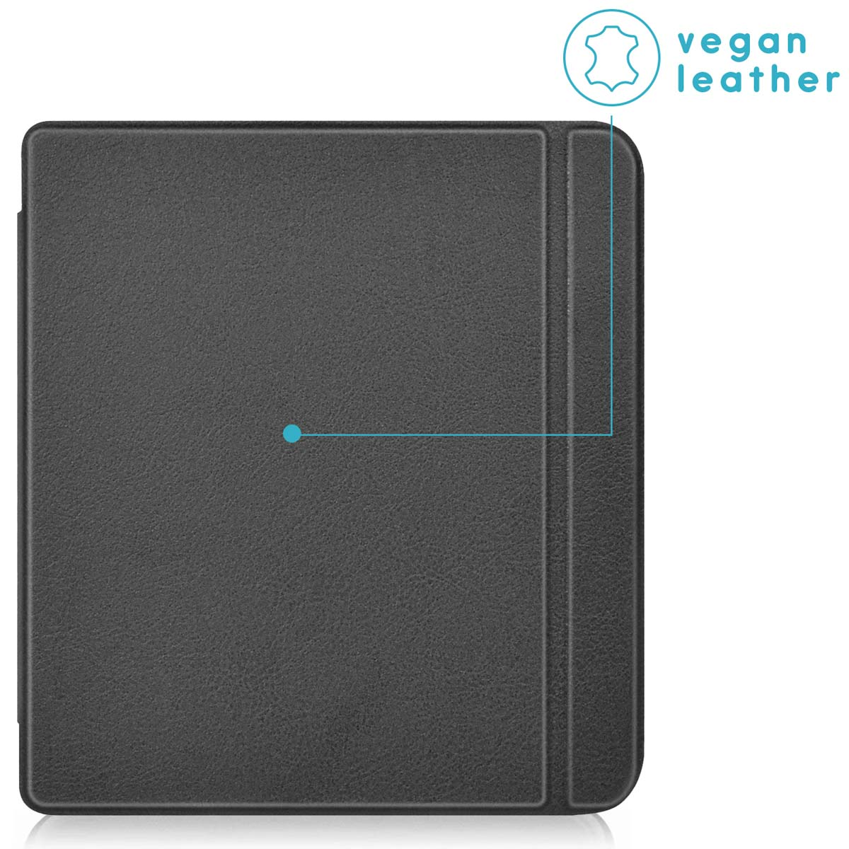Donkergrijze vegan leren hoes voor een elektronisch apparaat, met een getextureerd oppervlak en een materiaallabel.