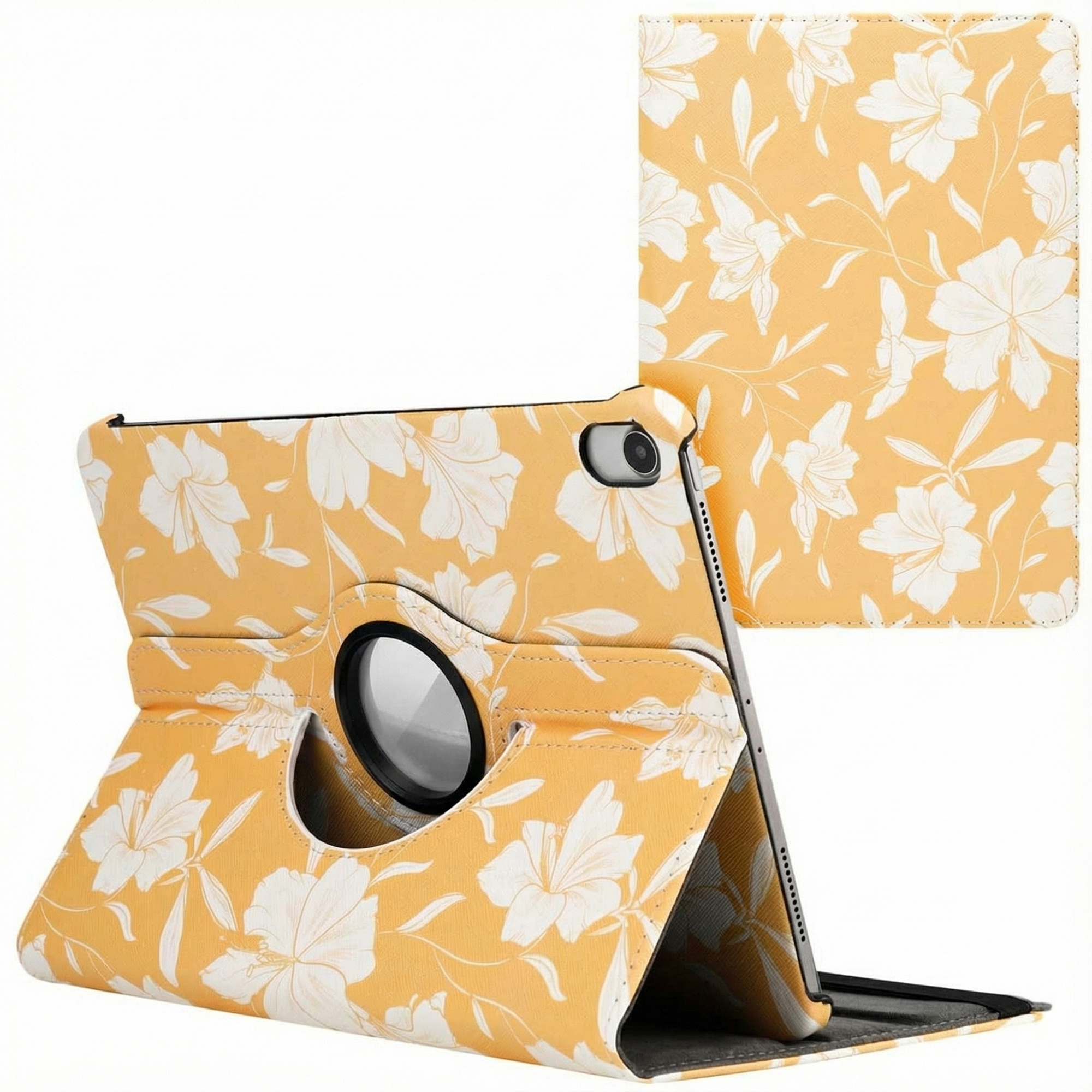 Étui de tablette jaune avec motif floral blanc. L'étui est ouvert, montrant la tablette. Le fond est blanc.