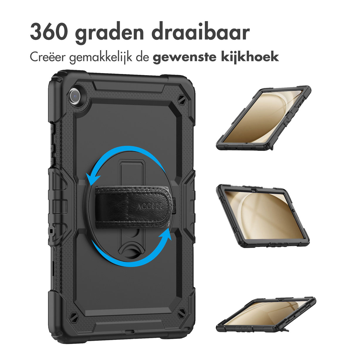 A black tablet case with a rotating hand strap, shown with three angled views of a tablet. Text in Dutch at the top.