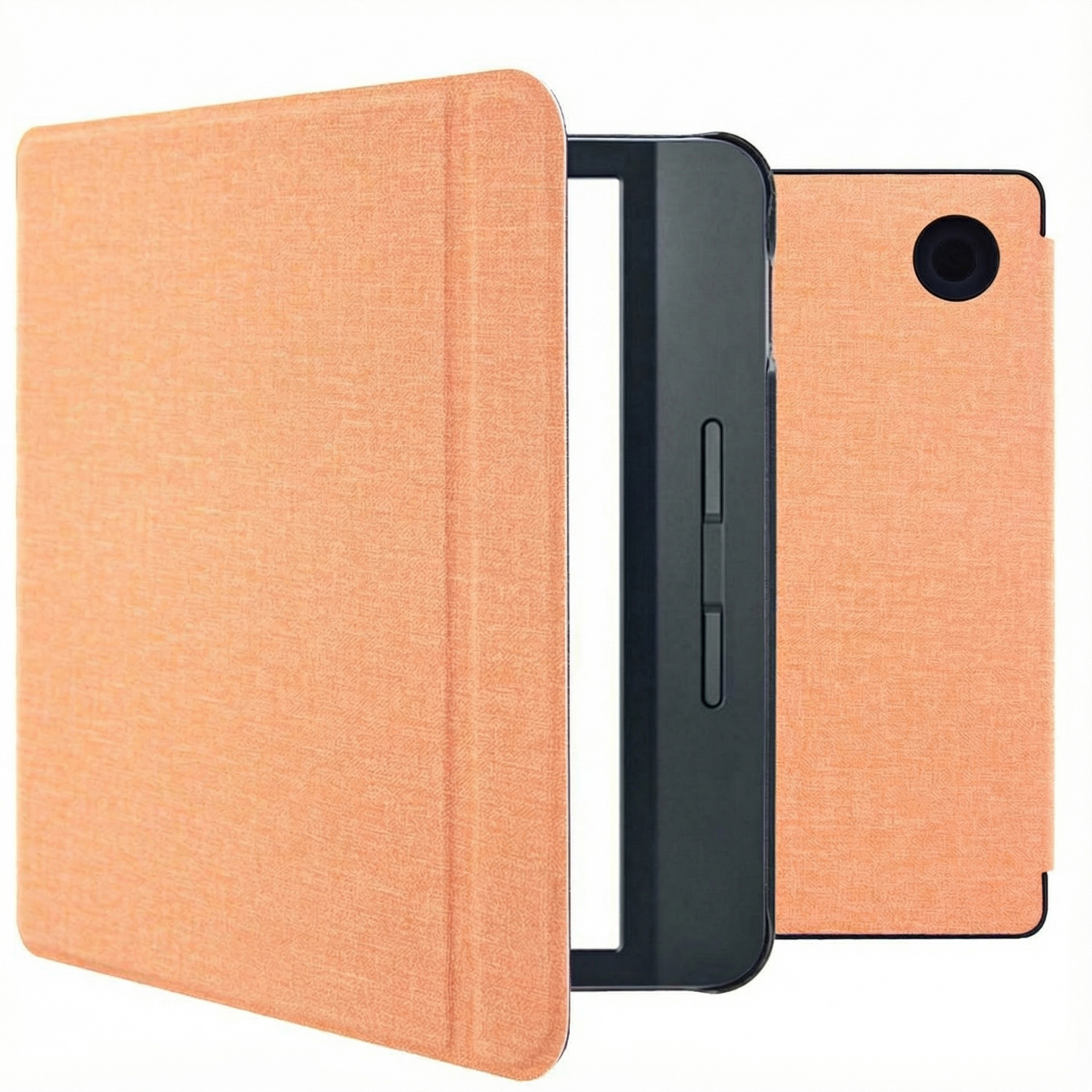 Tablette dans un étui pêche. L'étui est ouvert, révélant la tablette. La caméra est visible à l'arrière.