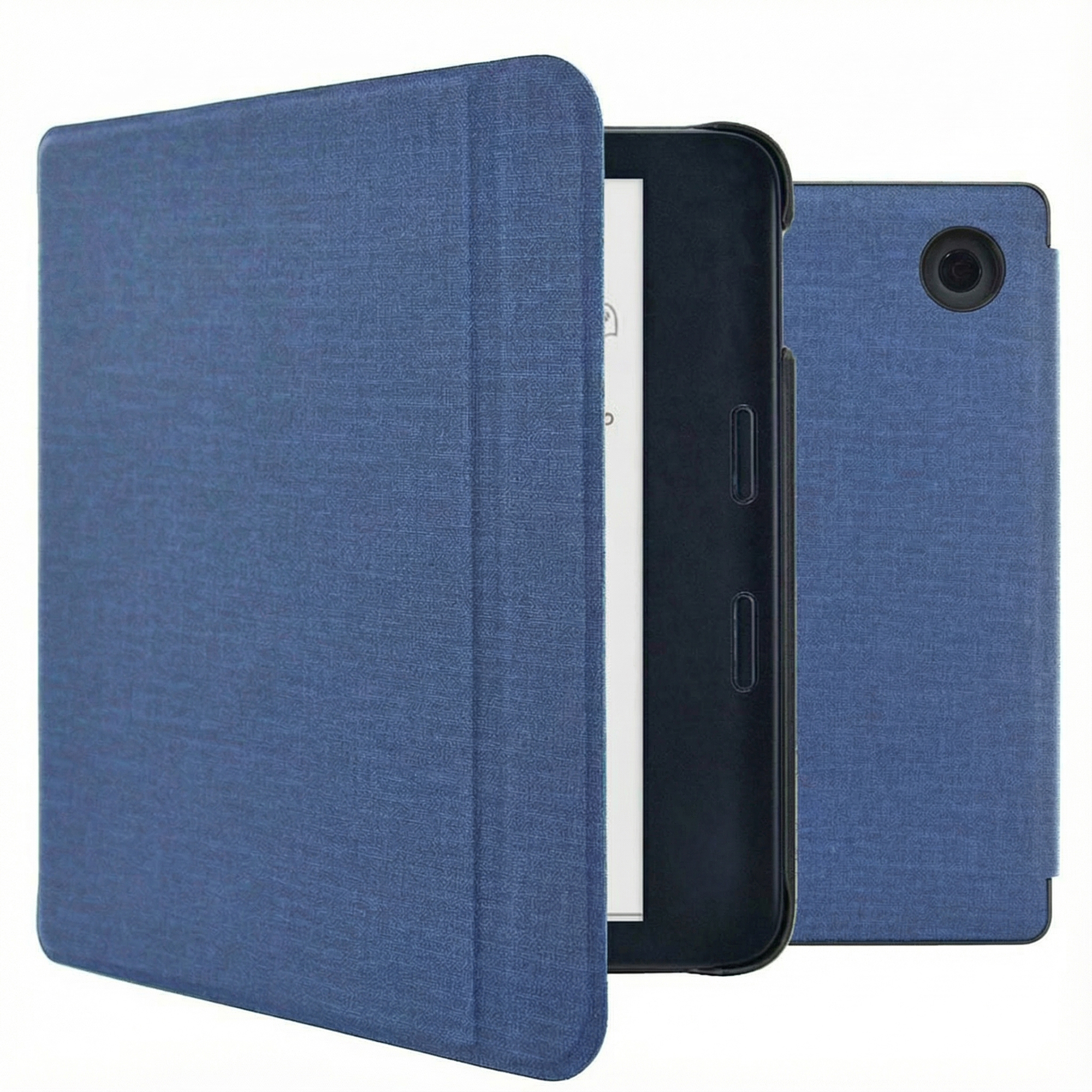 Een blauwe e-readerhoes is open en onthult het apparaat. De achterkant is ook blauw, met een cameralens.