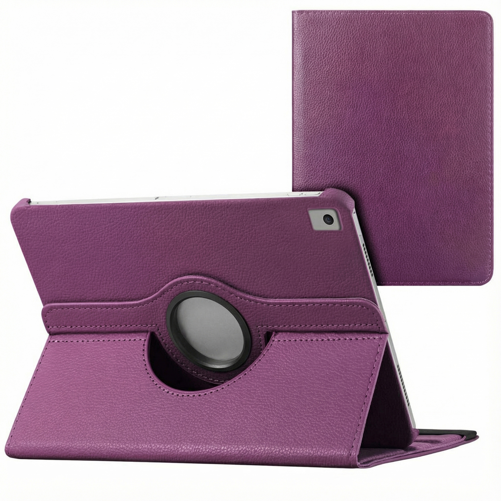 Purple tablet case with rotating stand. The case is open, showing the tablet. A closed cover is on the right.