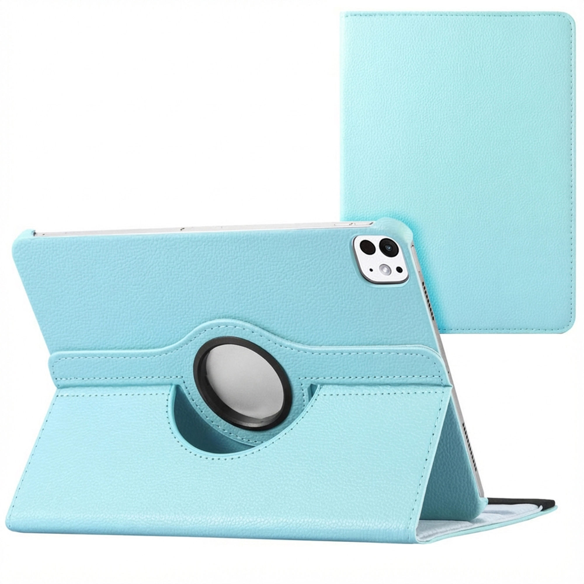 Un étui de tablette bleu clair est montré. L'étui est ouvert, affichant la tablette. Un couvercle assorti est derrière.