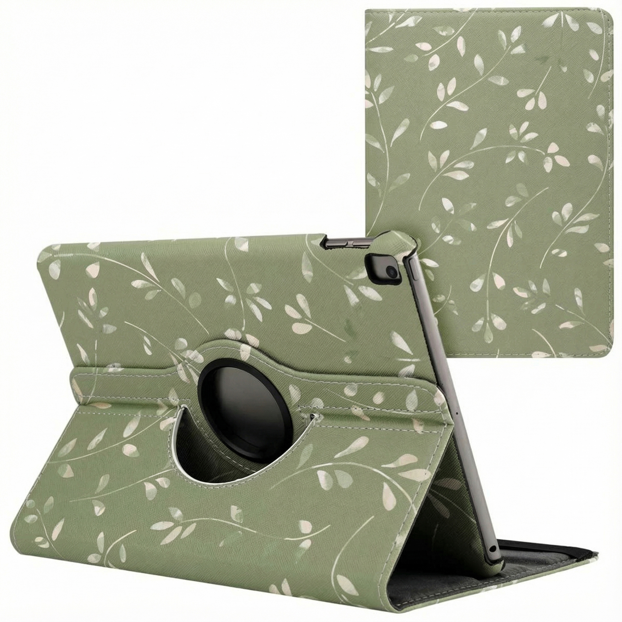 Green tablet case with floral pattern. Case is open, holding a tablet. Background is white.