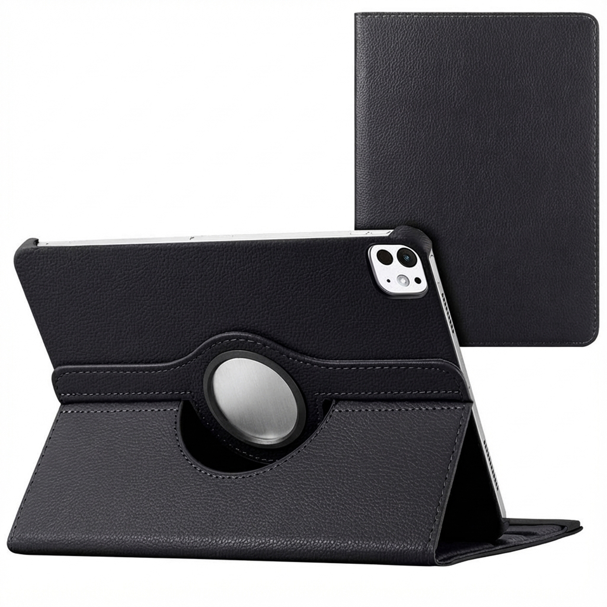 Zwarte leren tablethoes met een draaibare standaard. Het is open en toont een tablet. Een andere hoes is in de buurt.
