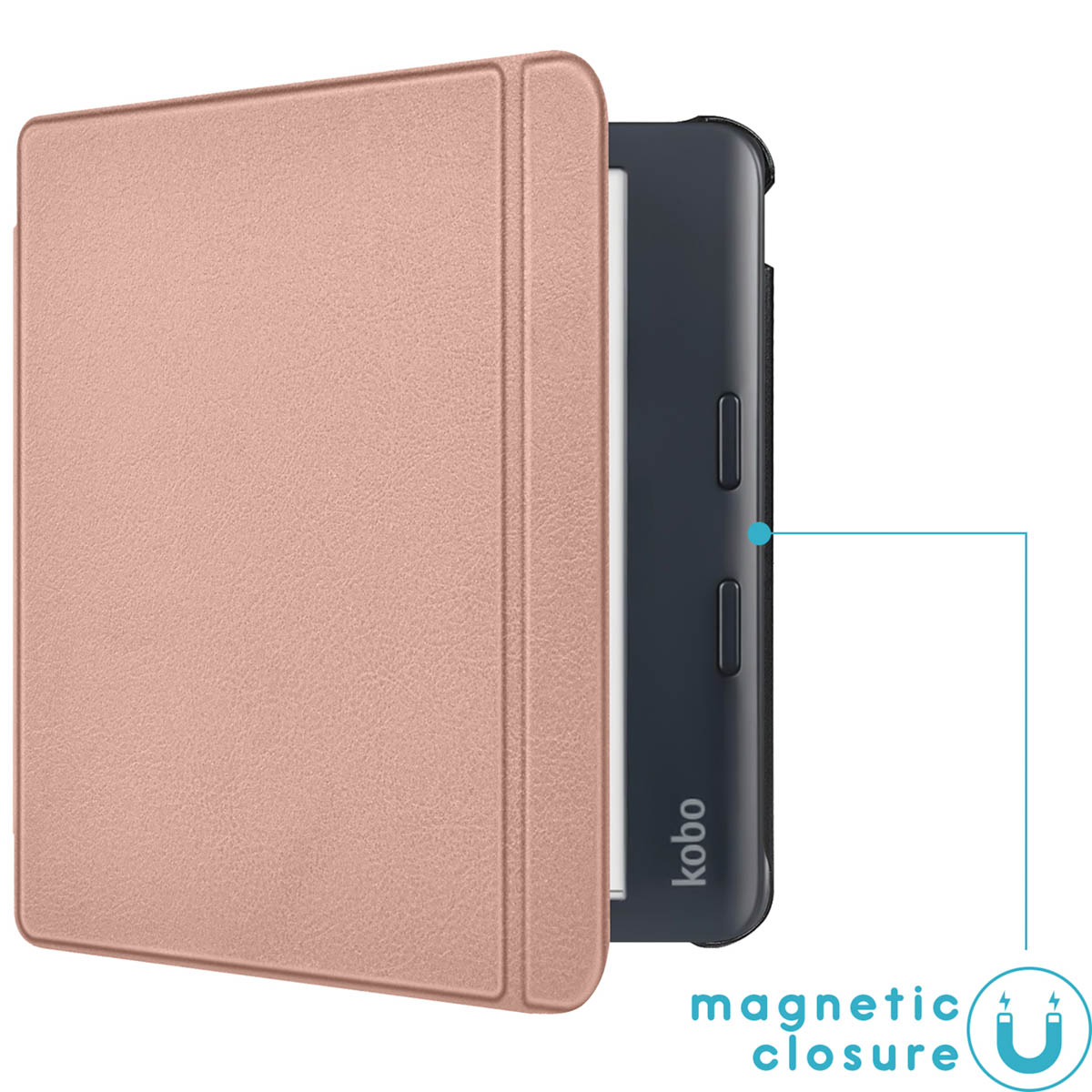 Een roze e-readerhoes naast een donkere e-reader, met het woord 'kobo' zichtbaar. Tekst geeft een magnetische sluiting aan.