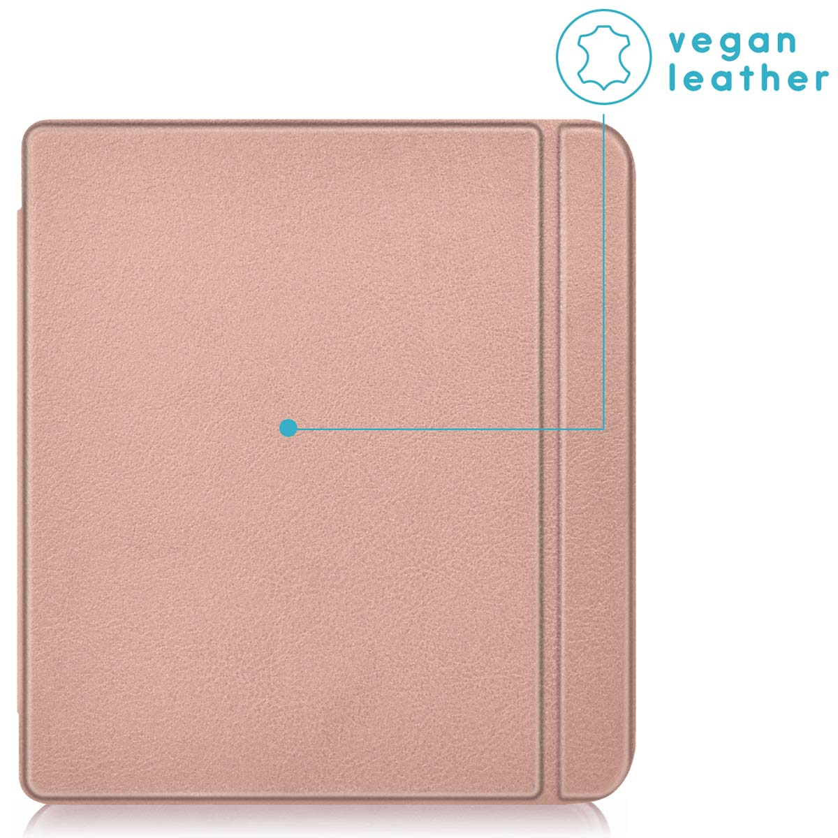 Een roze, getextureerde vegan leren hoes wordt getoond. Een label zegt vegan leer.