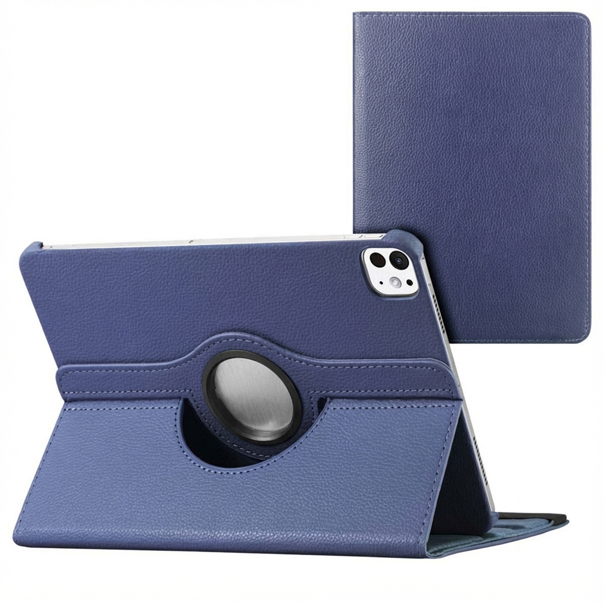 Blue tablet case with stand. Features a rotating ring and a separate cover. Leather texture visible.