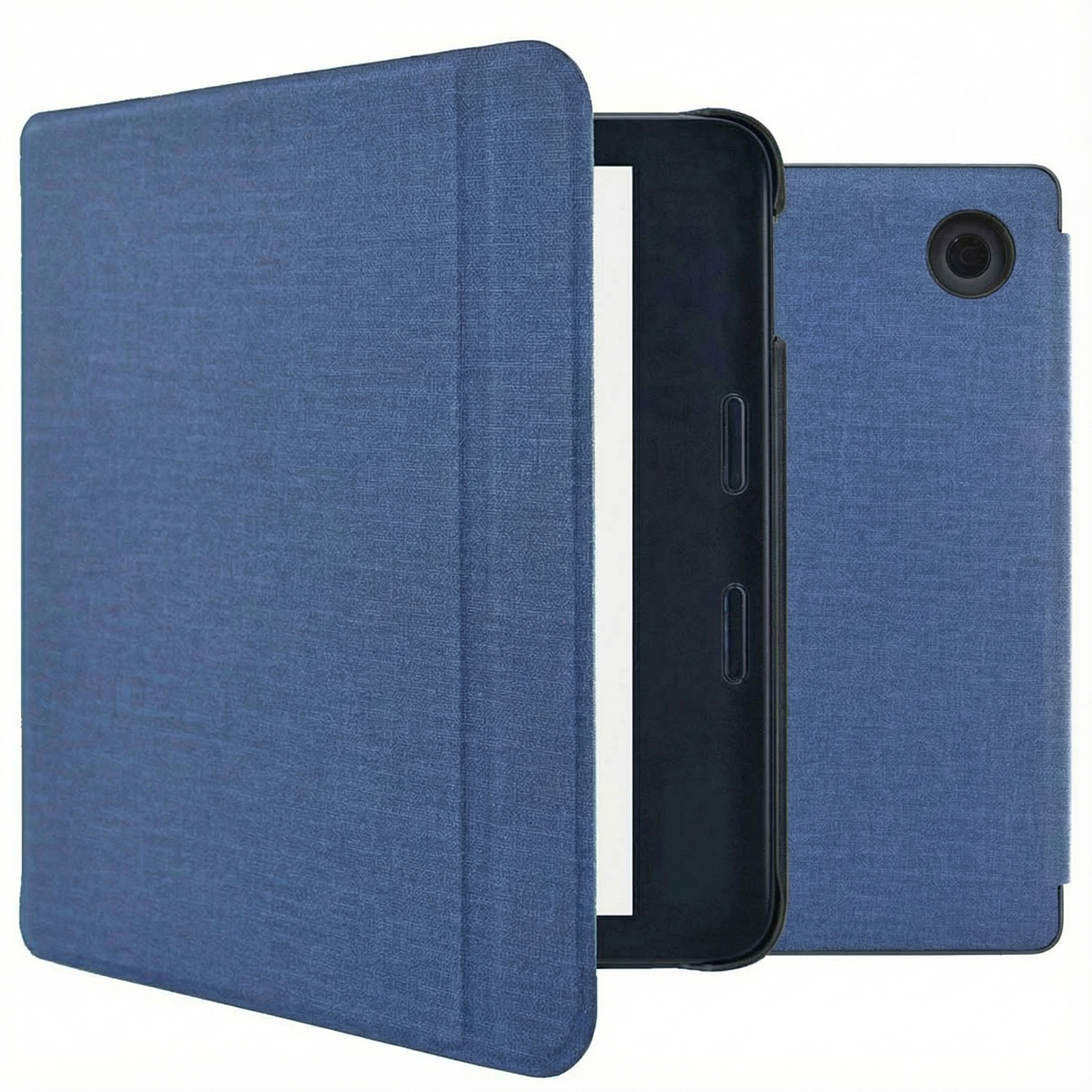 Un étui de tablette bleu, ouvert. La tablette est noire. L'étui est en matériau bleu texturé.