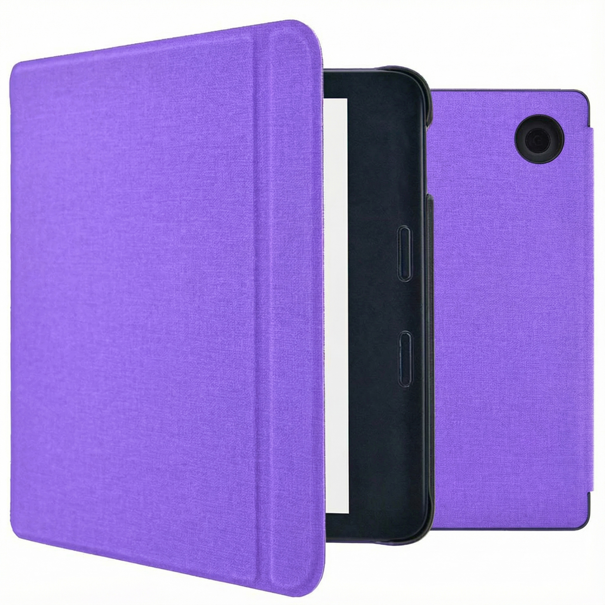Étui de tablette violet ouvert, révélant une tablette noire. L'arrière est violet avec un objectif.